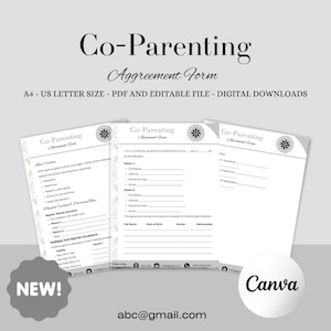 May include: Three co-parenting agreement forms are displayed, with the title "Co-Parenting Agreement Form" at the top. The forms are white with a floral design and include sections for legal custody, regular weekly schedules, and holidays. The text "A4 - US LETTER SIZE - PDF AND EDITABLE FILE - DIGITAL DOWNLOADS" is also visible.