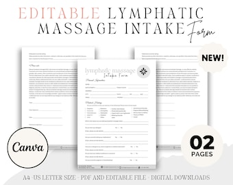 Editable Lymphatic Massage Intake Form, Lymphatic Drainage Form, Canva Template, Massage Consent Form, Massage Therapist, Digital Downloads