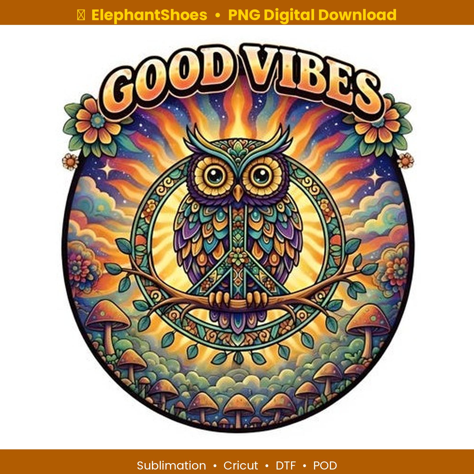 Owl PNG Sublimation, Retro Boho Owl Shirt Design, Good Vibes Owl Graphic, Peace Sign Owl, Groovy Owl