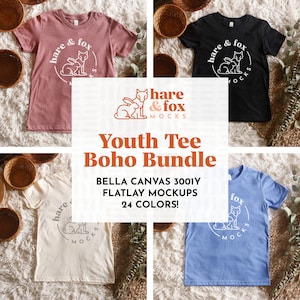 Bella Canvas 3001Y Mockup Bundle, BC 3001Y Shirt Mockup, Youth Shirt Mockup Bundle, Flat Lay Mock Up Bundle, Boho Mock Bundle
