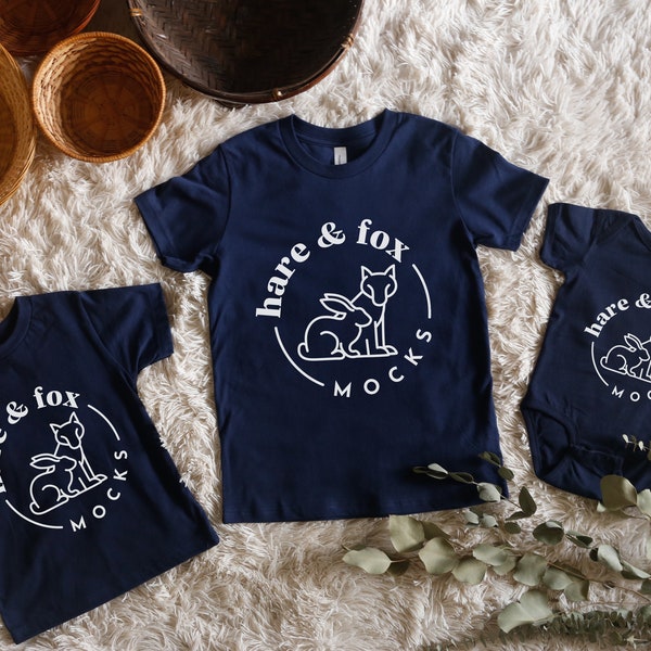 Navy Sibling Shirt Mockup, Boho Family T-Shirt Mockups, Navy Bella Canvas 3001Y Mockup, Navy Rabbit Skins Onesie Mockup, 3001T Mockup