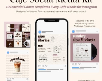 以下が含まれることがあります： カフェ向けのデジタルマーケティングキット。10個のInstagram Canvaテンプレートが含まれています。デザインには、コーヒーをテーマにしたグラフィック、メニュー項目、およびテキスト「Cafe Social Media Kit」を含むInstagram投稿のモックアップが含まれています。