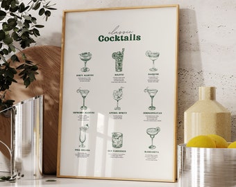 Classic Cocktail Recipes Printable Poster Retro Kitchen Bar Decor