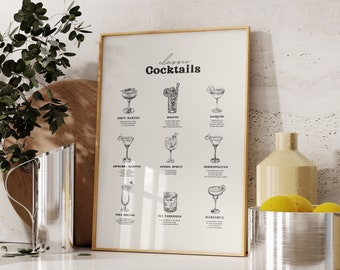 Classic Cocktail Recipes Printable Poster Black Retro Kitchen Bar Decor