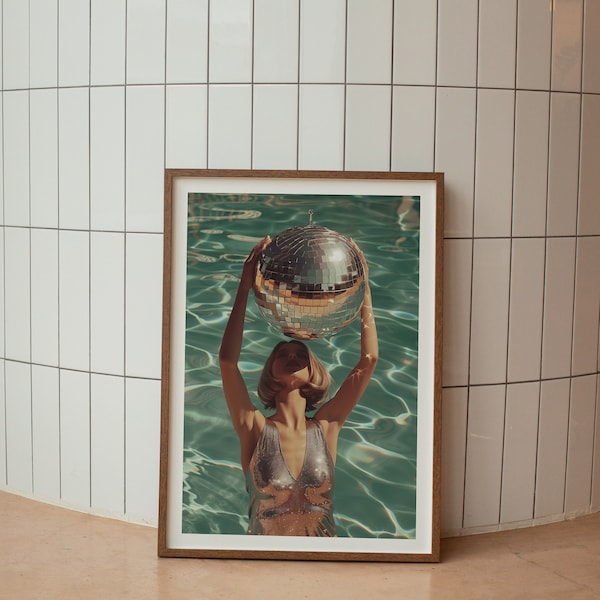 Affiche imprimable boule disco de fille de piscine rétro, art mural moderne du milieu du siècle, impression des années 70, décoration d'intérieur tendance
