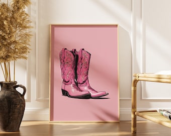 Pink Cowgirl Boots Wall Art – Western Printable Poster, Country Girl Room Decor, Digital Download