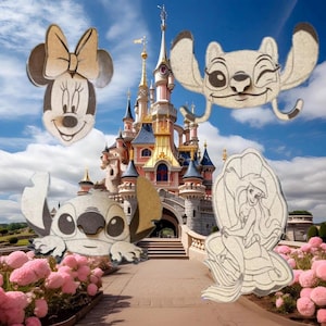 May include: Image features four cartoon character cutouts: Minnie Mouse, Stitch, Angel, and Ariel. The characters are in front of a pink and gold castle with a blue sky background. Pink flowers line the walkway.