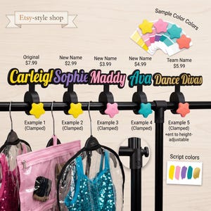 May include: A display of personalised star-shaped name tags in yellow, pink, teal, and coral, clamped onto a black clothing rack. The names "Carleigl", "Sophie", "Maddy", "Ava", and "Dance Divas" are displayed above the tags. The image also shows examples of dance costumes.