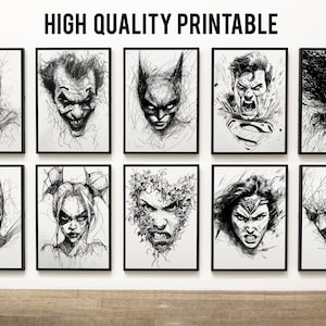 10 Superheroes DC Poster Art ink pen, Digital Download, Superhero Print, Superhero Poster, ultradetailed