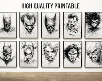 DC Superheroes Ink Pen Art Poster Prints (Digital Download)