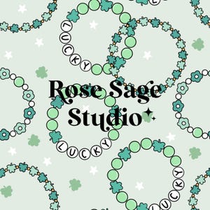 May include: A seamless pattern featuring green shamrock charm bracelets with the word "LUCKY" spelled out on each bracelet. The background is a light green color with white stars and shamrocks.