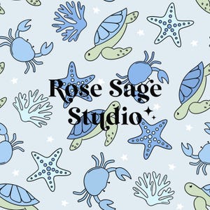 May include: A seamless pattern featuring blue crabs, sea turtles, starfish, and coral on a light blue background. The text "Rose Sage Studio" is centred on the pattern.