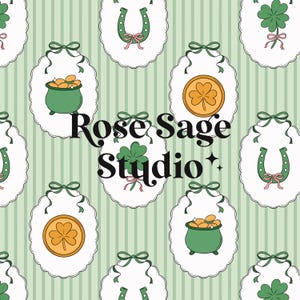 May include: A repeating pattern featuring white oval frames with green bows, containing images of gold coins, shamrocks, and horseshoes. The background is a light green with vertical stripes. The text "Rose Sage Studio" is in the center.