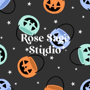 May include: A seamless pattern featuring various Halloween-themed illustrations, including orange jack-o'-lantern buckets, teal buckets with a jack-o'-lantern face, and stars on a dark gray background. The text "Rose Sage Studio" is centered on the pattern.