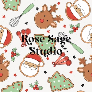 May include: A digital illustration of a Christmas cookie pattern featuring Santa Claus, reindeer, Christmas trees, and holly. The text "Rose Sage Studio" is in the center of the design.