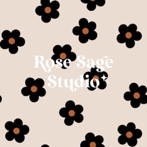 May include: A seamless pattern featuring black and brown stylized flowers on a light beige background. The text "Rose Sage Studio" is centered in the image.