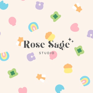 May include: A light beige background with a pattern of colorful shapes, including stars, hearts, rainbows, clovers, and horseshoes. The text "Rose Sage" is in the center of the image, with the word "STUDIO" below it.