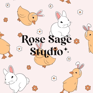 May include: A seamless pattern featuring white bunnies and yellow ducklings with bunny ears. The pattern is on a light pink background with small white and orange flowers. The text "Rose Sage Studio" is in the centre of the pattern.