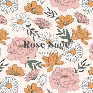 Boho printemps Floral sans couture motif, fleurs de printemps pivoine Daisy fichier de modèle sans couture, motif floral sans couture fille, fichier de fleurs Boho