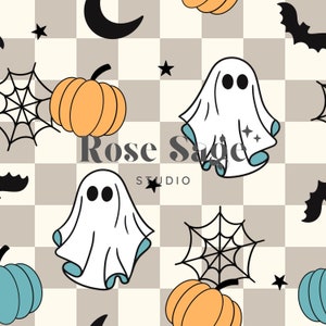 Retro Spooky Ghost Seamless Pattern, Retro Halloween Boy Seamless Design File, Kratka Szary Beżowy Retro Niebieski Duch Nietoperz Dynia Pajęczyna
