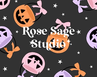 Halloween Pumpkin Bow Pails Seamless File, Trick or Treat Seamless Pattern, Girl Halloween Seamless File, Fall Bows Seamless Pattern