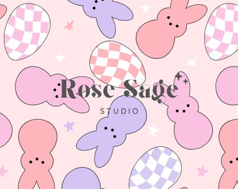Easter Bunny Candy Seamless File, Easter Pastel Bunnies Seamless Pattern, Girl Easter Spring Checkered Eggs Seamless Pattern