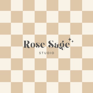 May include: A beige and white checkered background with the text "Rose Sage" in black with a small star symbol. The text "Studio" is below the main text in a smaller font.