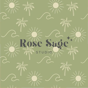 May include: A green background with a repeating pattern of white suns, palm trees, and waves. The text "Rose Sage" in black bold letters is centred on the image with the word "STUDIO" in smaller black letters below it.