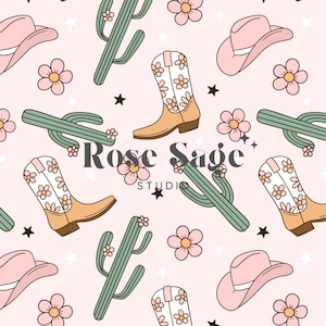 Modello senza cuciture cowgirl, file senza cuciture stivali da cowboy cactus, modello senza cuciture ragazza western, modello digitale senza cuciture fiore cowgirl rosa