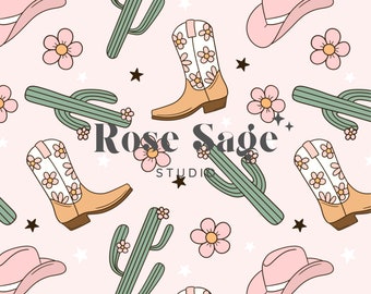 Cowgirl Seamless Pattern, Cactus Cowboy Boots Seamless File, Girl Western Seamless Pattern, Pink Cowgirl Flower Seamless Digital Pattern