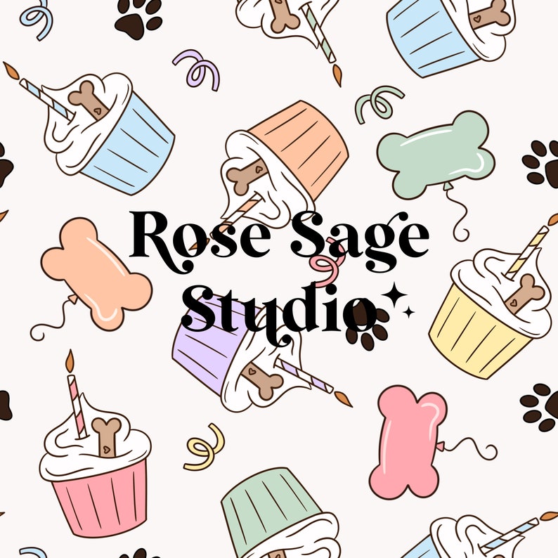 May include: A seamless pattern featuring colorful cupcakes with dog bone toppers and candles. The cupcakes are surrounded by paw prints, dog bones, and confetti. The text "Rose Sage Studio" is in the center of the design.