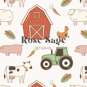 Modèle sans couture ferme bohème, fichier de modèle sans couture animaux de la ferme neutre, modèle de répétition sans couture de garçon fille de tracteur de grange