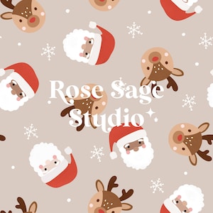 May include: A seamless pattern featuring a festive Christmas theme with illustrations of Santa Claus, reindeer, and snowflakes on a beige background. The text "Rose Sage Studio" is featured in the centre of the pattern.