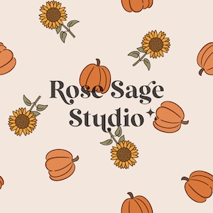 May include: A seamless pattern featuring orange pumpkins and yellow sunflowers on a light beige background. The text "Rose Sage Studio" is centred on the pattern.