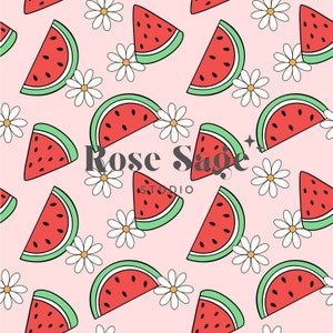 May include: A seamless pattern featuring watermelon slices and white daisies on a pink background. The text "Rose Sage Studio" is in the center of the pattern.