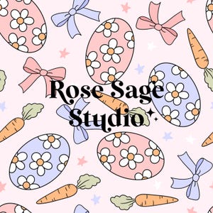 May include: A seamless pattern featuring pastel pink, blue, and white Easter eggs with daisy designs, carrots, and bows on a pink background.