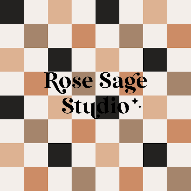 May include: A black and white chequered background with the text "Rose Sag&eacute; Studio" in black font.