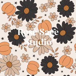 Peut inclure: Motif sans couture avec des citrouilles, des marguerites et des étoiles dans des tons de noir, orange et beige. Le texte "Rose Sage Studio" est superposé au motif. Idéal pour les produits sur le thème de l'automne.