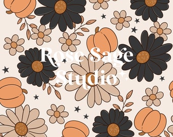 Halloween Pumpkin Floral Seamless, Fall Flowers Seamless Pattern, Girl Halloween Pumpkins Seamless File
