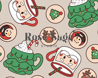 May include: A seamless pattern featuring a variety of Christmas-themed mugs and cookies. The mugs are decorated with Santa Claus, a Christmas tree, and a snowman. The cookies are decorated with a reindeer, a snowman, and a Christmas tree.