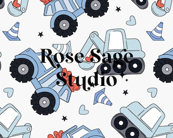 May include: A seamless pattern featuring blue and white construction vehicles, including dump trucks, excavators, and bulldozers. The pattern also includes red hearts, stars, and traffic cones. The text "Rose Sage Studio" is included in the pattern.