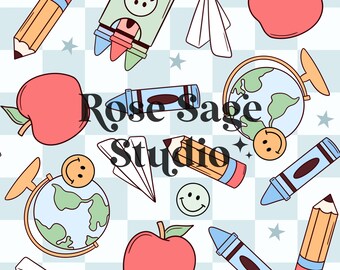 Back to School Seamless Pattern, School Checkered Seamless File, Boy Seamless Pattern, Smile Face Crayons Seamless File