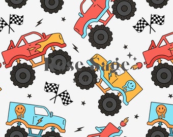 May include: A seamless pattern featuring colorful monster trucks with large wheels and flames. The trucks are on a white background with stars and lightning bolts.