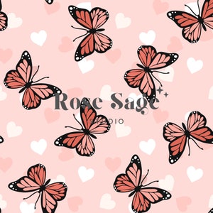 Modello senza cuciture con farfalle di San Valentino, file senza cuciture con cuori di farfalle di San Valentino rosa e rosso, design senza cuciture per ragazze di San Valentino