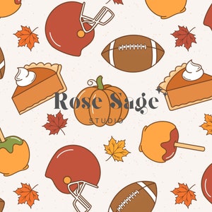 May include: A seamless pattern featuring autumnal and football-themed illustrations.  The pattern includes pumpkins, footballs, pies, leaves, candy apples, and football helmets. The text "Rose Sage Studio" is included in the pattern.