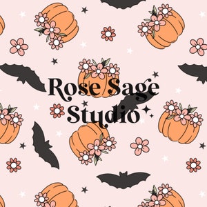 Floral Pumpkins and Bats Seamless File, Girl Halloween Seamless Pattern, Floral Fall Seamless Pattern