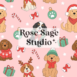 May include: A repeating pattern on a light pink background featuring various dogs in holiday attire, candy canes, green gift boxes, and ornaments with paw prints. The text Rose Sage Studio is centered in a white box over the illustration.