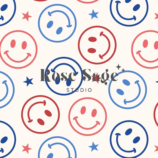 Fourth of July Smile Face Seamless Pattern, Red Blue Smiley Seamless File, Boho Fourth of July Seamless File, Boy Girl Summer Pattern