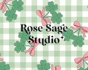 May include: Seamless pattern featuring green shamrocks with pink bows on a light green and white checkered background. The text "Rose Sage Studio" is displayed in a black, stylized font.