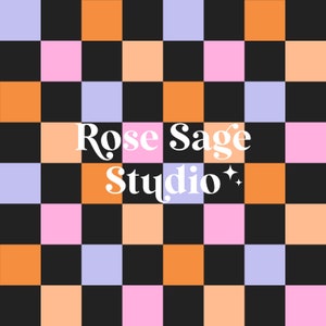 May include: A black and white checkered background with the text "Rose Sage Studio" in white. The background is made up of orange, pink, and purple squares.